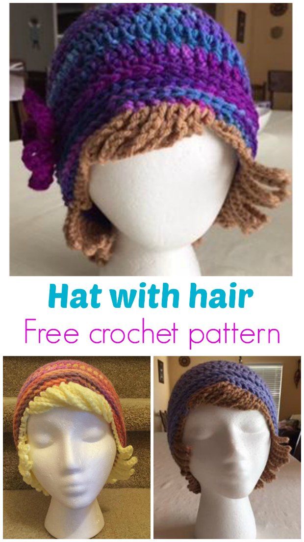 For chemo patients or just for dress-up fun. Free crochet pattern for a hat with woolen hair.