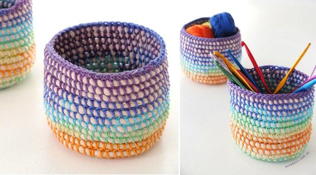 mini crochet basket rainbow pattern