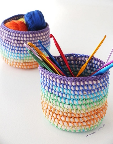 Crochet Coiled Rainbow Basket Pattern by My Poppet Makes