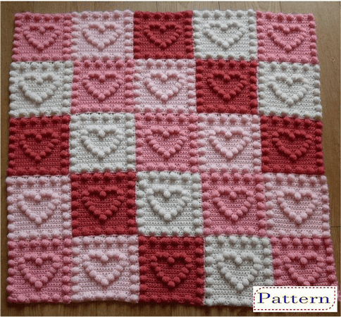Heart Motifs Puff Stitch Crochet Blanket Pattern by Peach Unicorn Designs