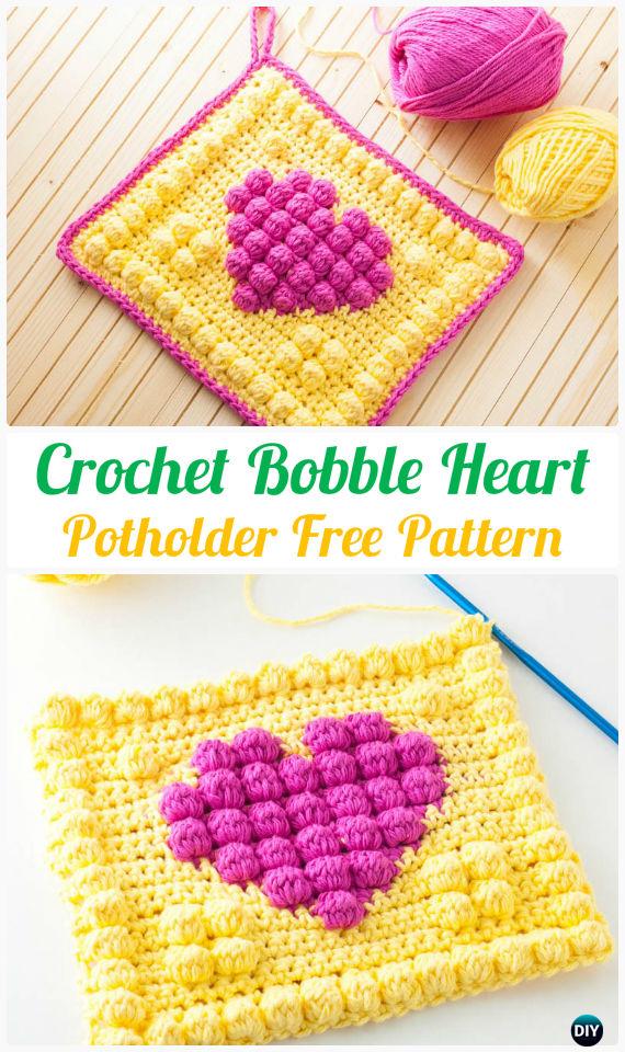 free crochet pattern - crochet bobble heart potholder free pattern