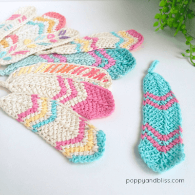 Free Tunisian Crochet Feather Pattern use as a bookmark or apart of a dreamcatcher