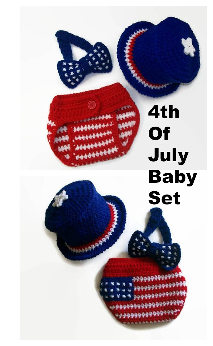 Crochet 4th Of July Baby Hat, Diaper And Bow Tie Stars And Stripes Set