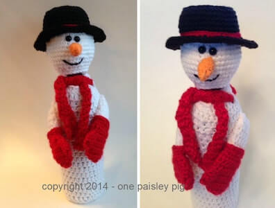 Snowman Wine Bottle Cover Crochet Pattern by One Paisley Pig