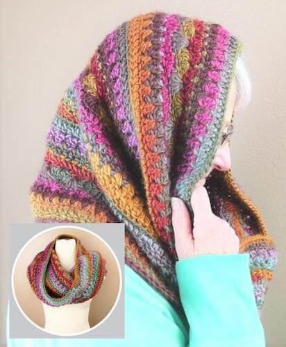 Self Striping Hooded Cowl Crochet Pattern by Made With A Twist