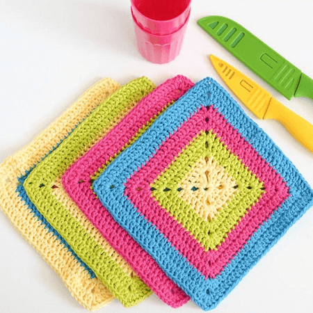 Colorful Solid Granny Square Dishcloth Crochet Pattern by Dabbles And Babbles