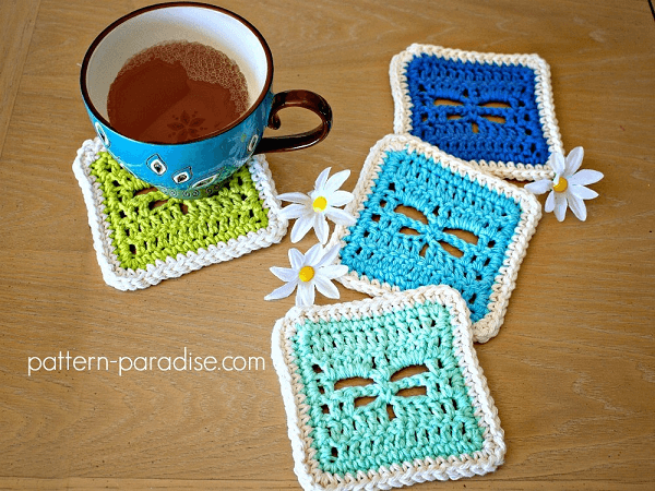 Crochet Dragonfly Coaster Pattern by Pattern Paradise