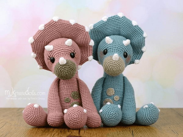 Tricia and Topsie, The Triceratops Dinosaur Crochet Pattern by My Krissie Dolls