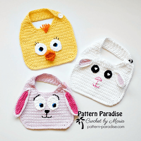 Animal Friends Crochet Baby Bib Pattern by Pattern Paradise