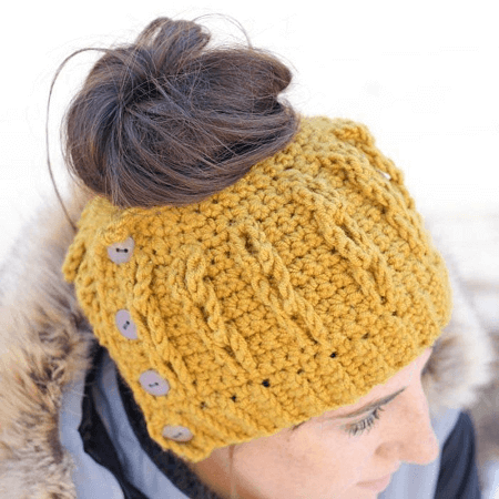 Faux Cabled Crochet Bun Beanie Pattern by Make And Do Crew