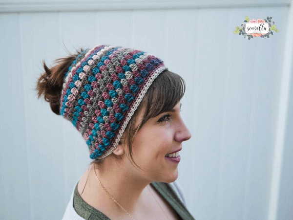 Crochet Messy Mom Bun Hat Pattern by Sewrella