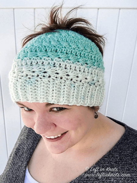 Crochet Snow Messy Bun Hat Pattern by Left In Knots