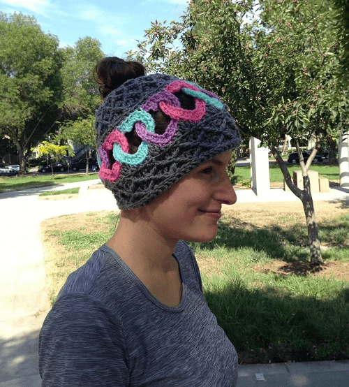 Linked Hearts And Diamonds Messy Bun Beanie Crochet Pattern by Krazy Kabbage