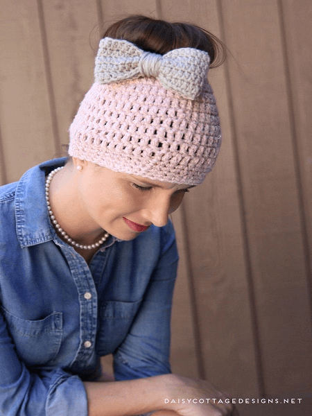 Free Crochet Messy Bun Hat Pattern by Daisy Cottage Designs