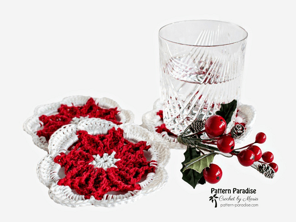 Crochet Poinsettia Coasters Pattern by Pattern Paradise