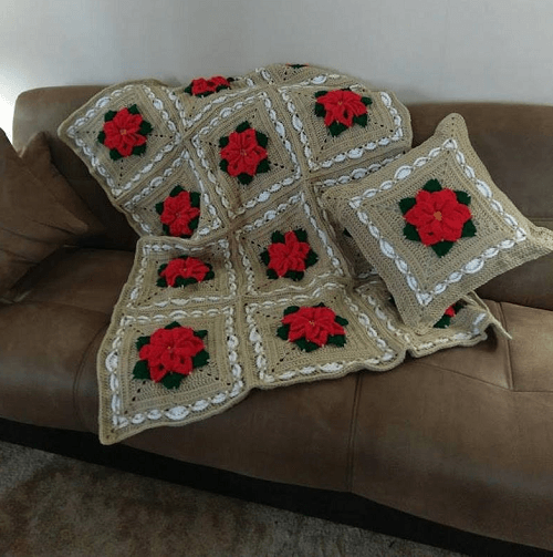 Poinsettia Blanket And Pillow Crochet Pattern by CD Creations Design