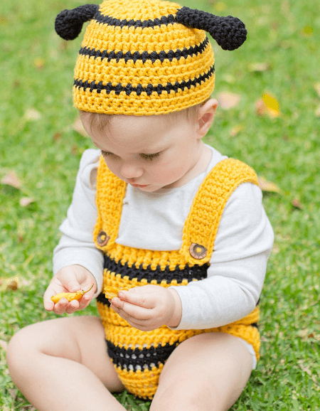 Bumble Bee Hat And Playsuit Crochet Pattern by Hopeful Honey Designs