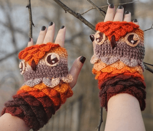 Crocodile Stitch Owl Gloves Crochet Pattern by Bonita Patterns