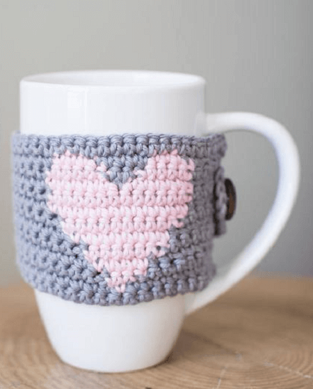 Heart Mug Cozy Crochet Pattern by Woods And Wool Shop