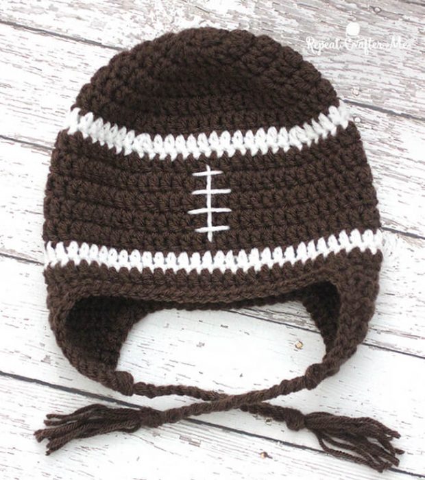 Crochet Football Hat With Earflap Pattern By RepeatCrafterMe