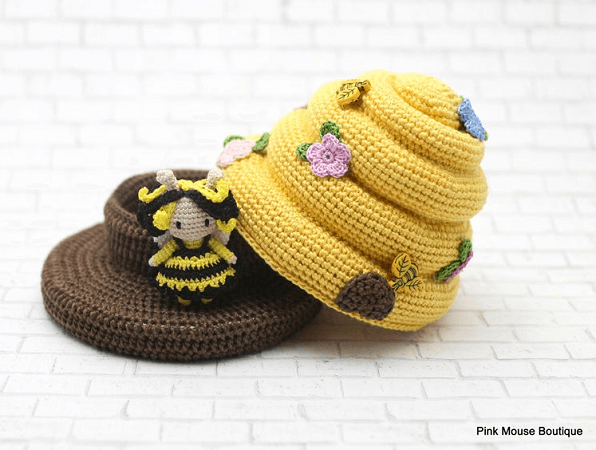 Amigurumi Honey Bee In Crochet Beehive Pattern by Pink Mouse Boutique