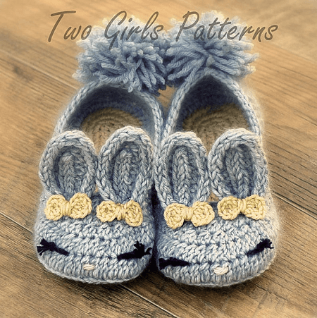 Bunny House Slippers Crochet Pattern by Two Girls Patterns