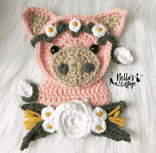 Crochet Pig Applique Pattern by Nella's Cottage