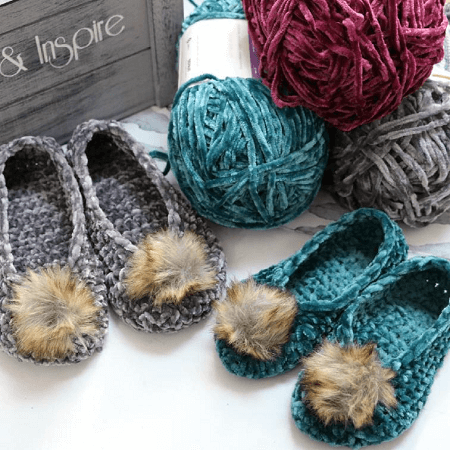 Crochet Velvet Ballet Pom Pom Slippers Pattern by MJ's Off The Hook Designs