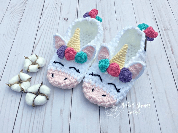 Unicorn Slippers Crochet Pattern by Hooked Strands Crochet