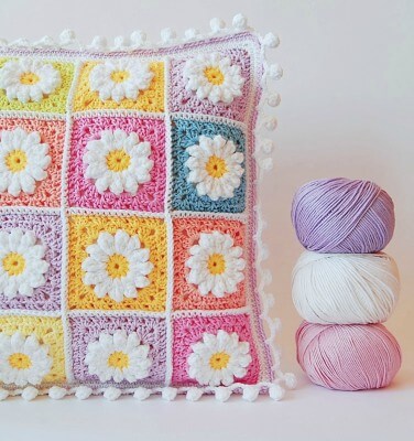 Crochet Daisy Granny Square Pillow
