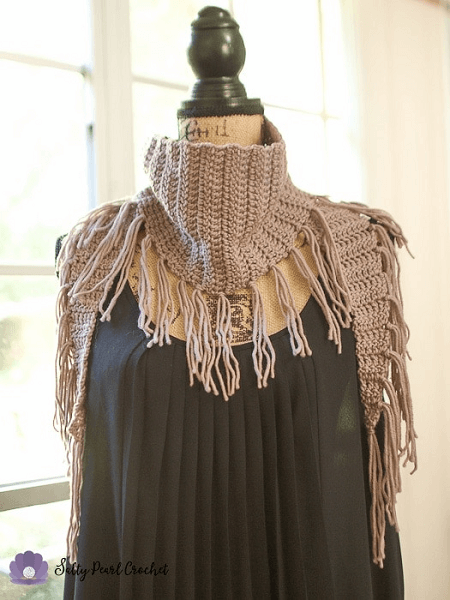 Fringed Triangle Free Crochet Scarf Pattern by Salty Pearl Crochet