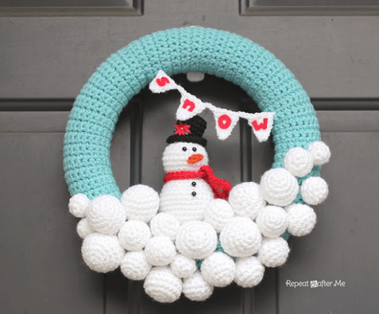 Crochet Snowman with Snowballs Wreath Pattern by Repeat Crafter Me