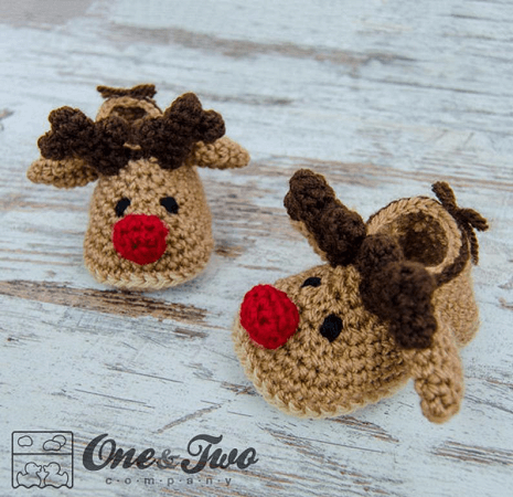 Reindeer Baby Booties Crochet Pattern by One And Two Company