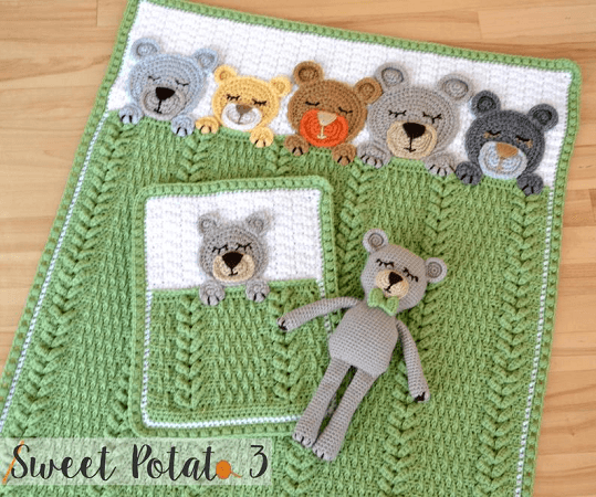 Sleep Tight Teddy Bear Blanket Crochet Pattern by Sweet Potato 3 Patterns