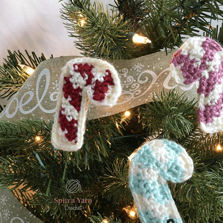 Crochet Candy Cane Ornament Pattern by Spin A Yarn Studio