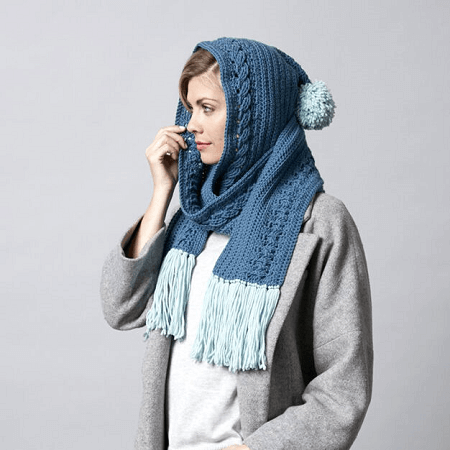 Hooded Cable Crochet Scarf Free Pattern by Yarnspirations