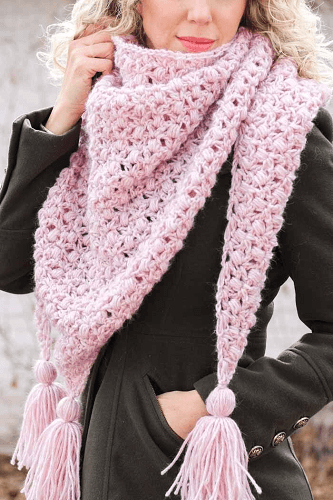 Puff And Lace Crochet Triangle Scarf Free Pattern by Make And Do Crew