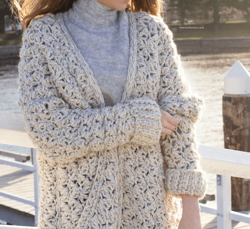 Coastal Fog Chunky Cardigan Crochet Pattern by Hopeful Honey Designs