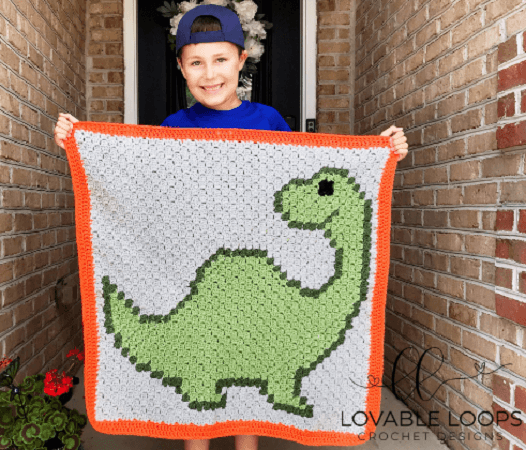 Afghan Free Crochet Dinosaur Blanket Pattern by Lovable Loops