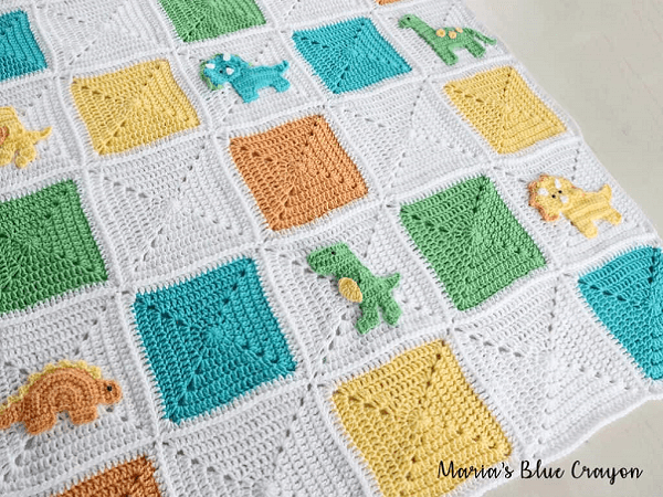 Granny Square Crochet Dinosaur Blanket Pattern by Maria's Blue Crayon