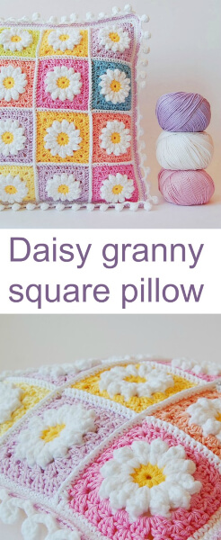 Crochet Daisy Granny Square Pillow by Color 'N Cream