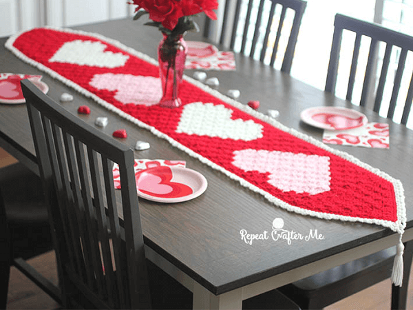 Crochet Valentine's Heart Table Runner Pattern by Repeat Crafter Me