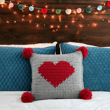 Pompom Heart Pillow Crochet Pattern by MJs Off The Hook Designs
