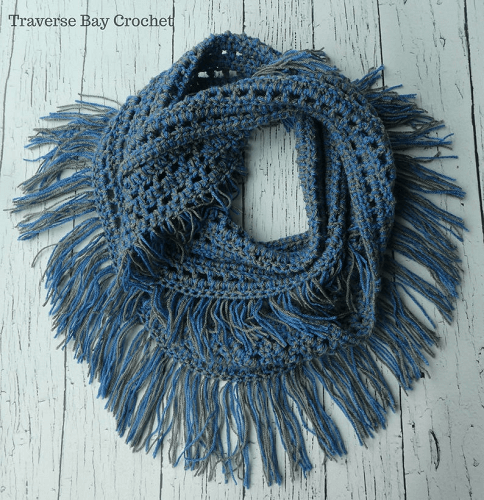 Crochet Fringe Infinity Scarf Pattern For Beginners by Traverse Bay Crochet
