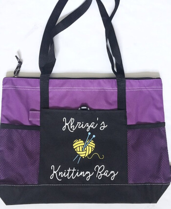 Personalized knitting or crochet tote bag with zipper, needlepoint supply bag