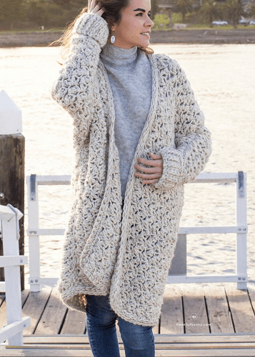 Coastal Fog Chunky Cardigan Crochet Pattern by Hopeful Honey