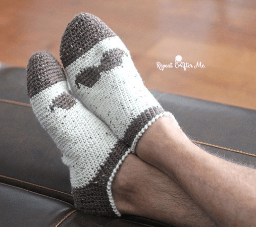 Crochet Mustache Slipper Socks For Men Pattern by Repeat Crafter Me