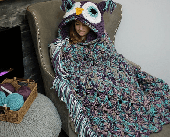 Hooded Crochet Owl Blanket Pattern by MJs Off The Hook Designs