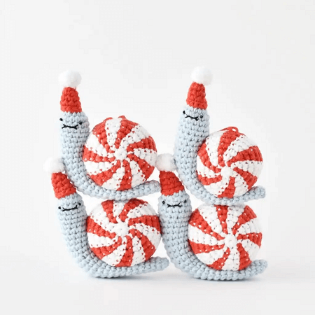 Peppermint Party Snail Crochet Christmas Ornament Pattern by Tiny Curl