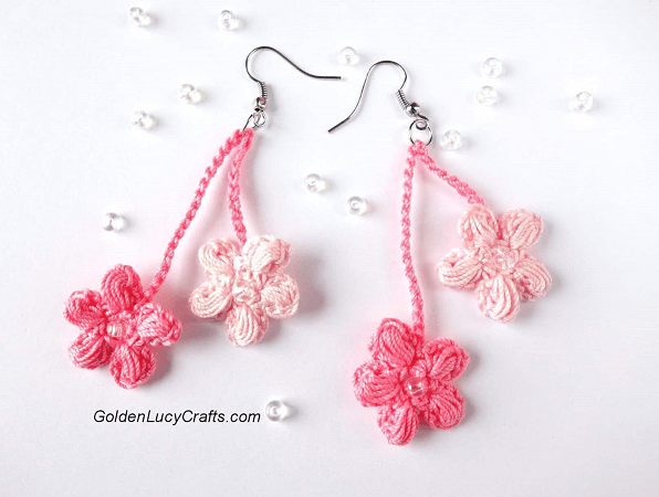 Crochet Cherry Blossom Earrings Pattern by Golden Lucy Crafts